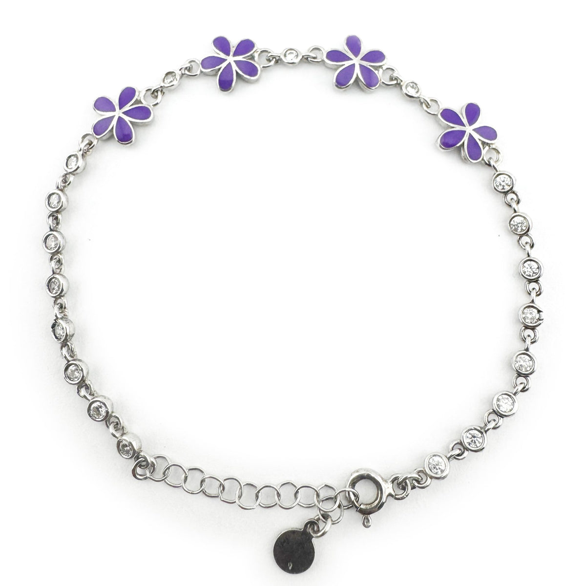 Brățară Copii Jolie, Argint 925, Model Floare Mov cu Email și Zirconiu, Bijuterie Hipoalergenică pentru Fete, Lungime 22 cm, 1.8 g, Argintiu/Mov