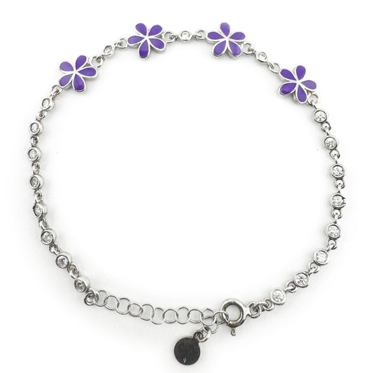 Brățară Copii Jolie, Argint 925, Model Floare Mov cu Email și Zirconiu, Bijuterie Hipoalergenică pentru Fete, Lungime 22 cm, 1.8 g, Argintiu/Mov