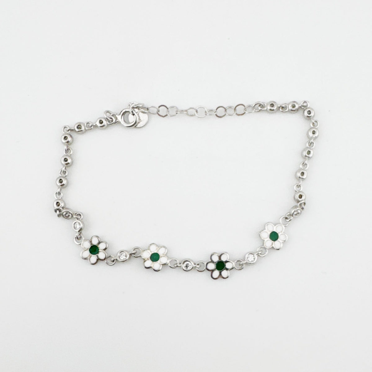 Brățară Jolie pentru Copii, Argint 925, Model Floare cu Email Verde și Zirconiu, Reglabilă, 22 cm, 1.8 g, Argintiu