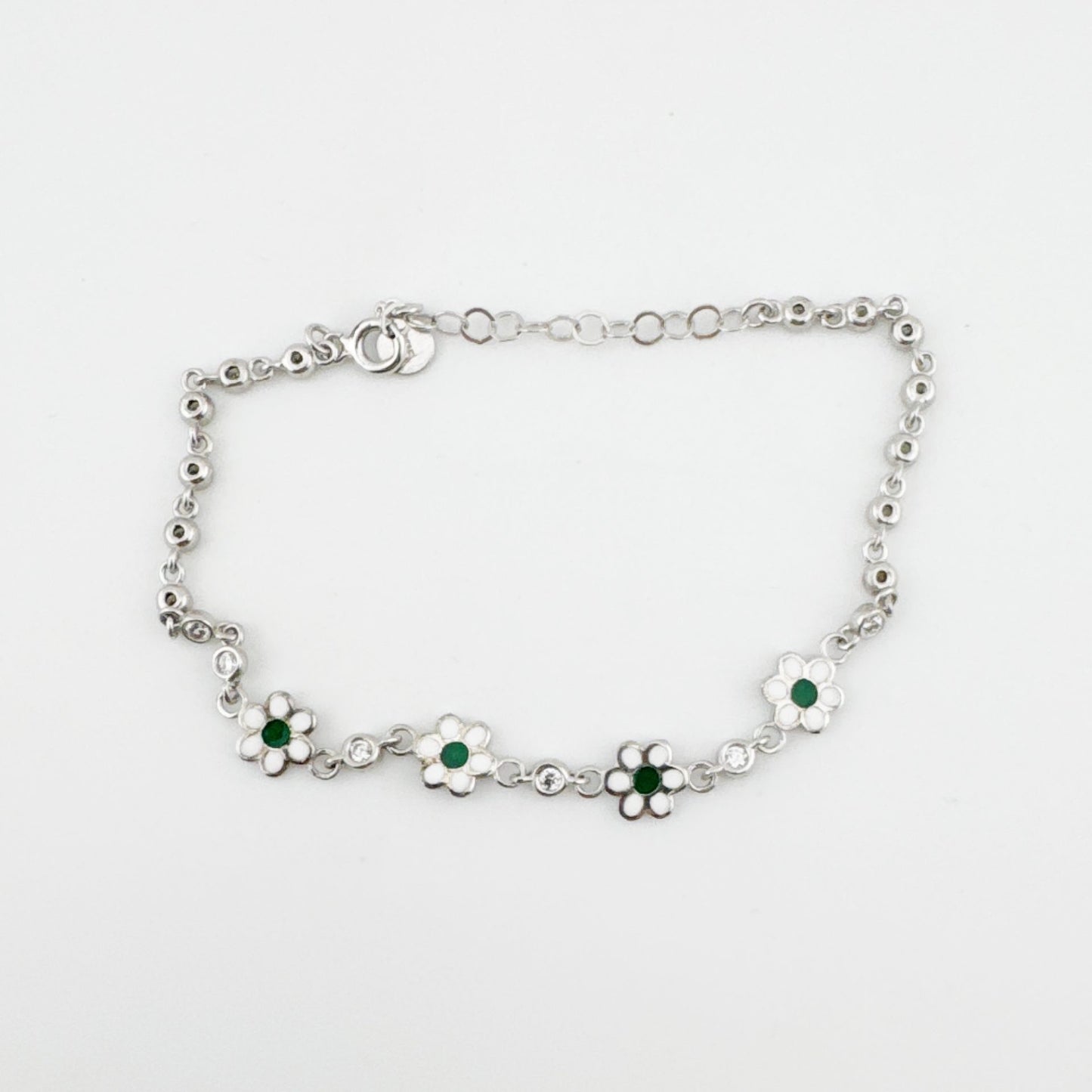 Brățară Jolie pentru Copii, Argint 925, Model Floare cu Email Verde și Zirconiu, Reglabilă, 22 cm, 1.8 g, Argintiu