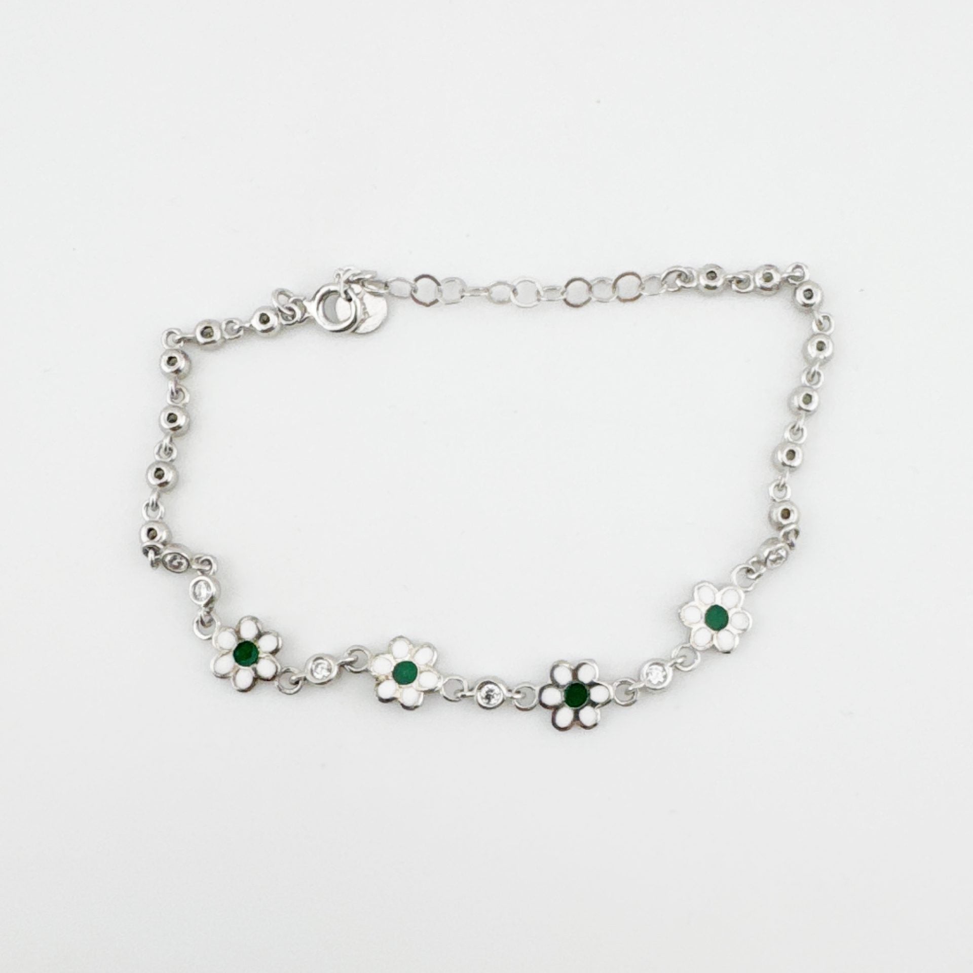 Brățară Jolie pentru Copii, Argint 925, Model Floare cu Email Verde și Zirconiu, Reglabilă, 22 cm, 1.8 g, Argintiu