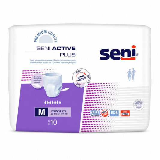 Seni Active Plus, Scutece Tip Chilot Pentru Adulti, Incontinenta Severa, Strat Absorbant, Alb, Marimea M, 10 Bucati
