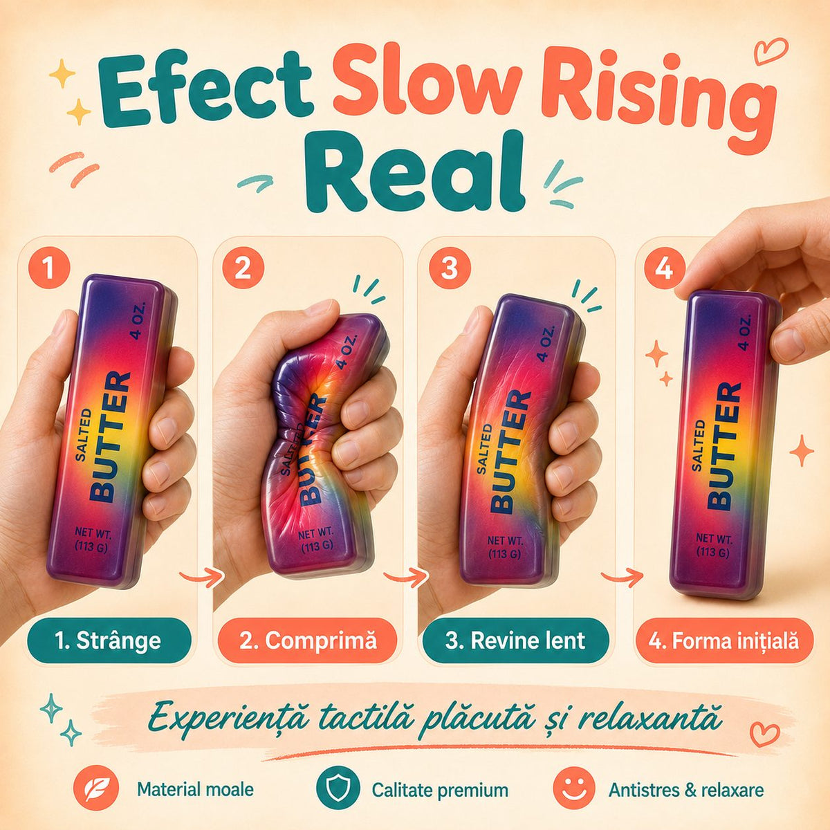 Needoh Jucărie Squishy Antistres, Formă De Unt Slow Rising, Textură Elastică, 14 cm, Multicolor