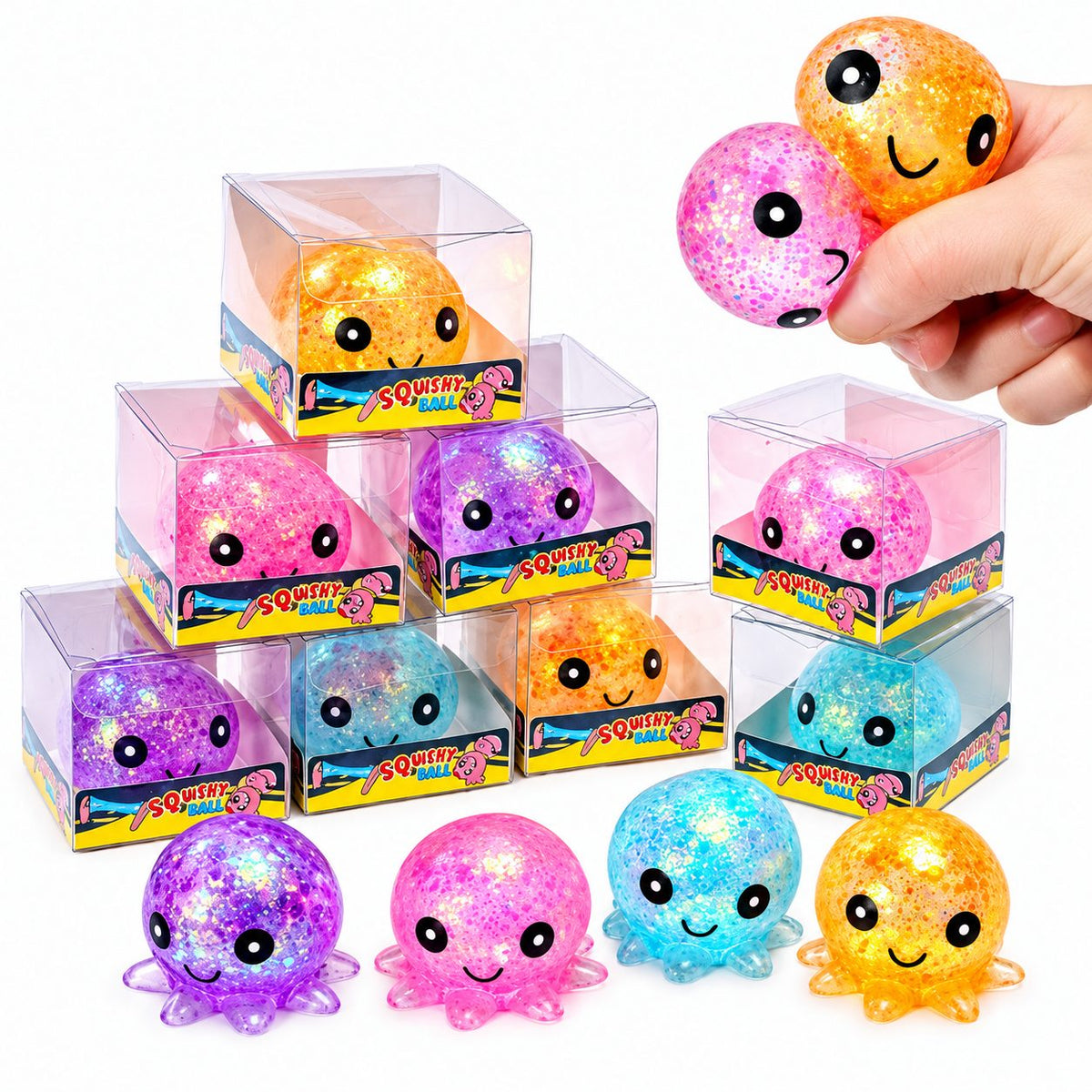 Jucarie Antistres Squishy, Model Caracatita Cu Sclipici, Silicon Moale Elastic, 6 x 6 x 4.5 cm, Culori Diverse