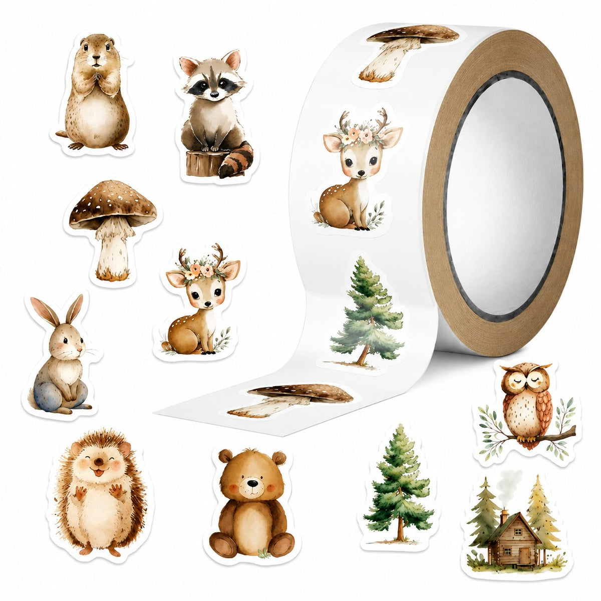 Rola Stickere Decorative, Animale De Padure Stil Acuarela, Hartie Autoadeziva, 500 Bucati, 10 Modele, Multicolor, Latime 3 cm