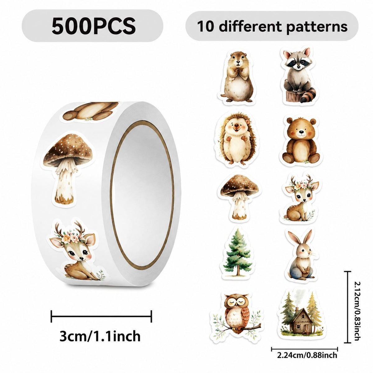 Rola Stickere Decorative, Animale De Padure Stil Acuarela, Hartie Autoadeziva, 500 Bucati, 10 Modele, Multicolor, Latime 3 cm