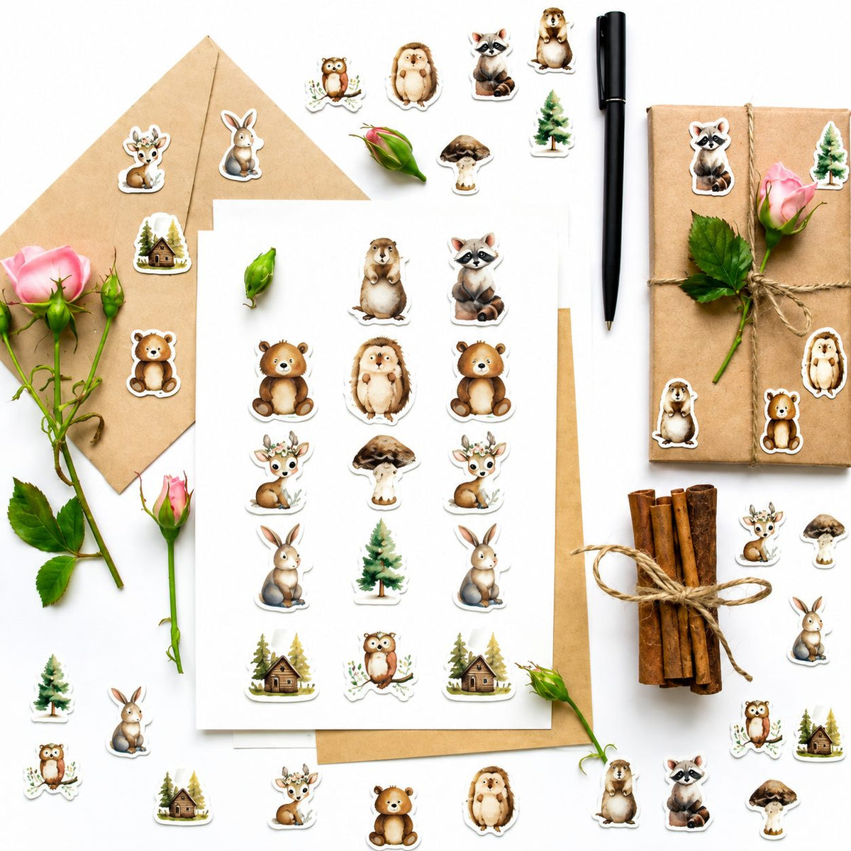 Rola Stickere Decorative, Animale De Padure Stil Acuarela, Hartie Autoadeziva, 500 Bucati, 10 Modele, Multicolor, Latime 3 cm