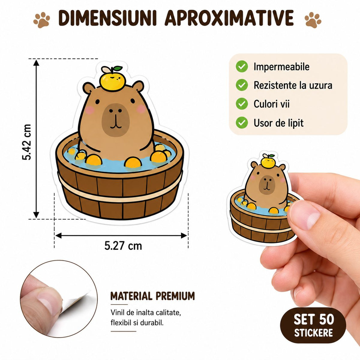 Stickere Decorative Capybara Kawaii, Impermeabile, Vinil, 50 Bucati, Multicolor, 5.27 x 5.42 cm