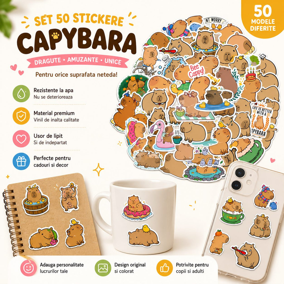 Stickere Decorative Capybara Kawaii, Impermeabile, Vinil, 50 Bucati, Multicolor, 5.27 x 5.42 cm