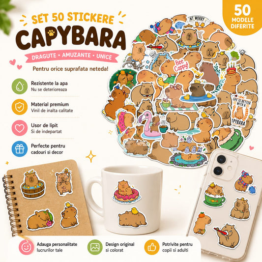 Stickere Decorative Capybara Kawaii, Impermeabile, Vinil, 50 Bucati, Multicolor, 5.27 x 5.42 cm