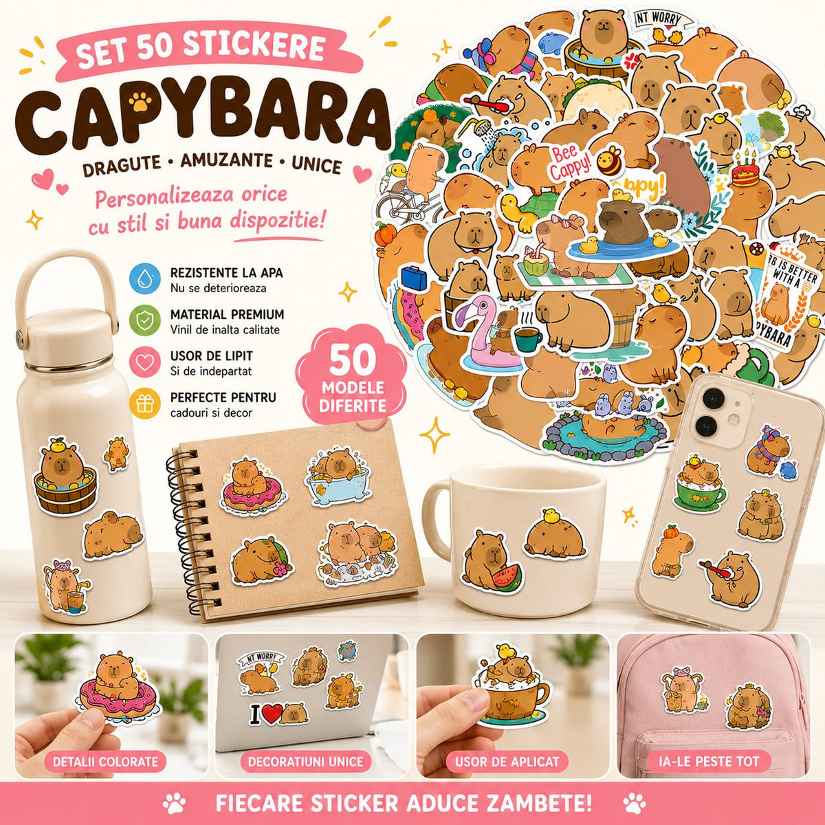 Stickere Decorative Capybara Kawaii, Impermeabile, Vinil, 50 Bucati, Multicolor, 5.27 x 5.42 cm