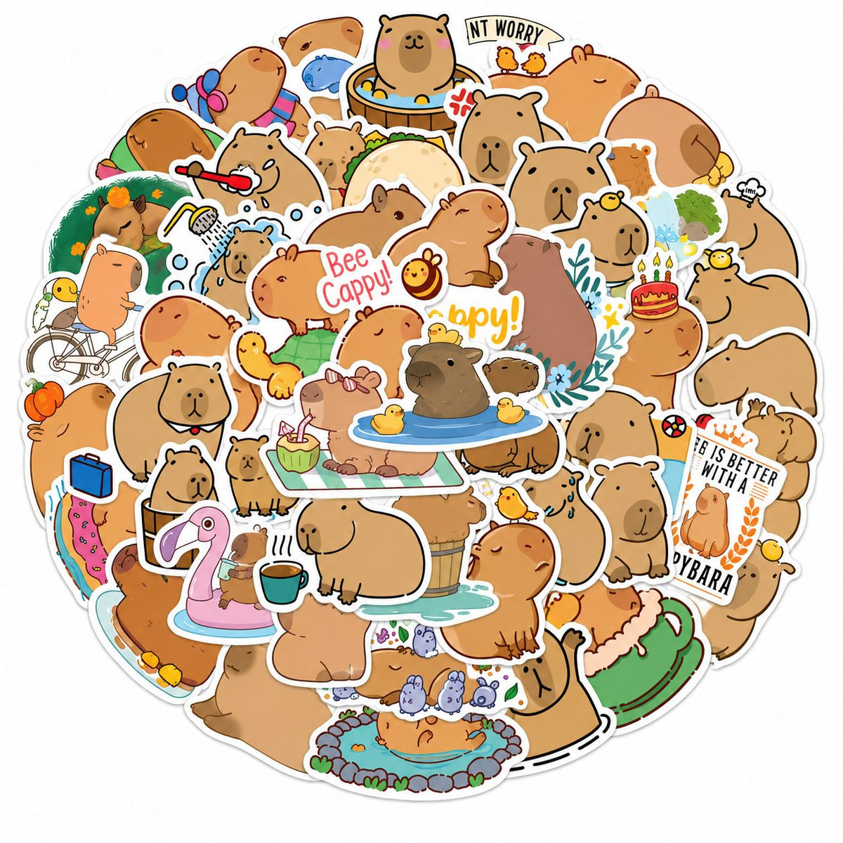 Stickere Decorative Capybara Kawaii, Impermeabile, Vinil, 50 Bucati, Multicolor, 5.27 x 5.42 cm