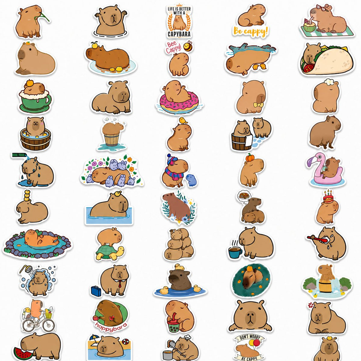 Stickere Decorative Capybara Kawaii, Impermeabile, Vinil, 50 Bucati, Multicolor, 5.27 x 5.42 cm