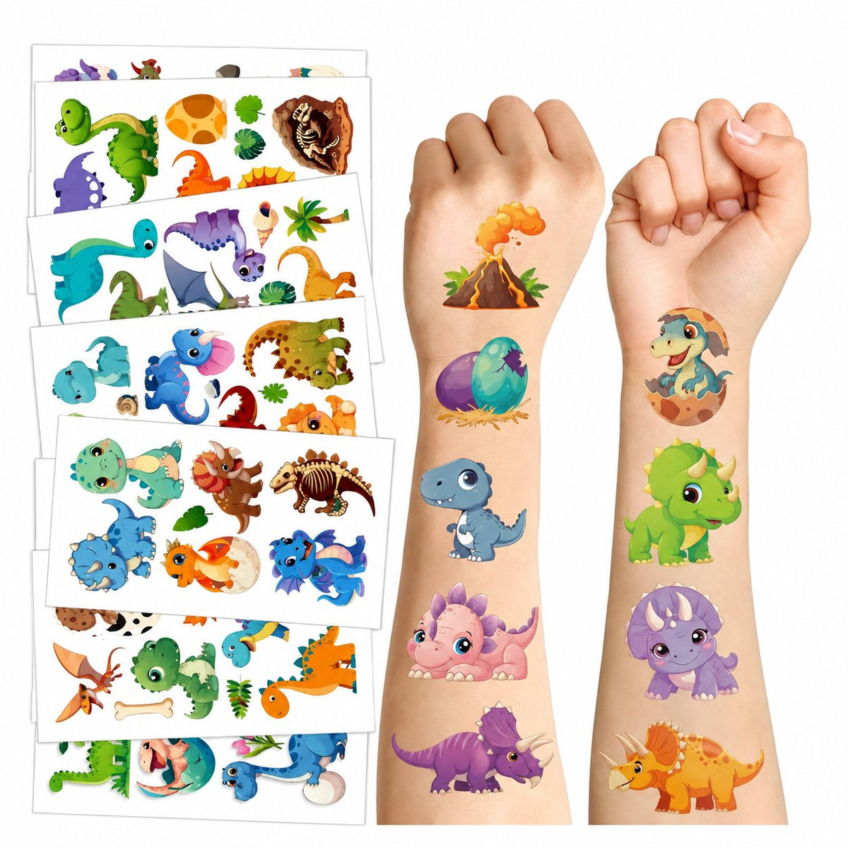 Tatuaje Temporare pentru Copii, Modele Dinozauri Cartoon Impermeabile, Hartie Non-Toxica, Foaie 12.03 x 6.83 cm, Multicolor