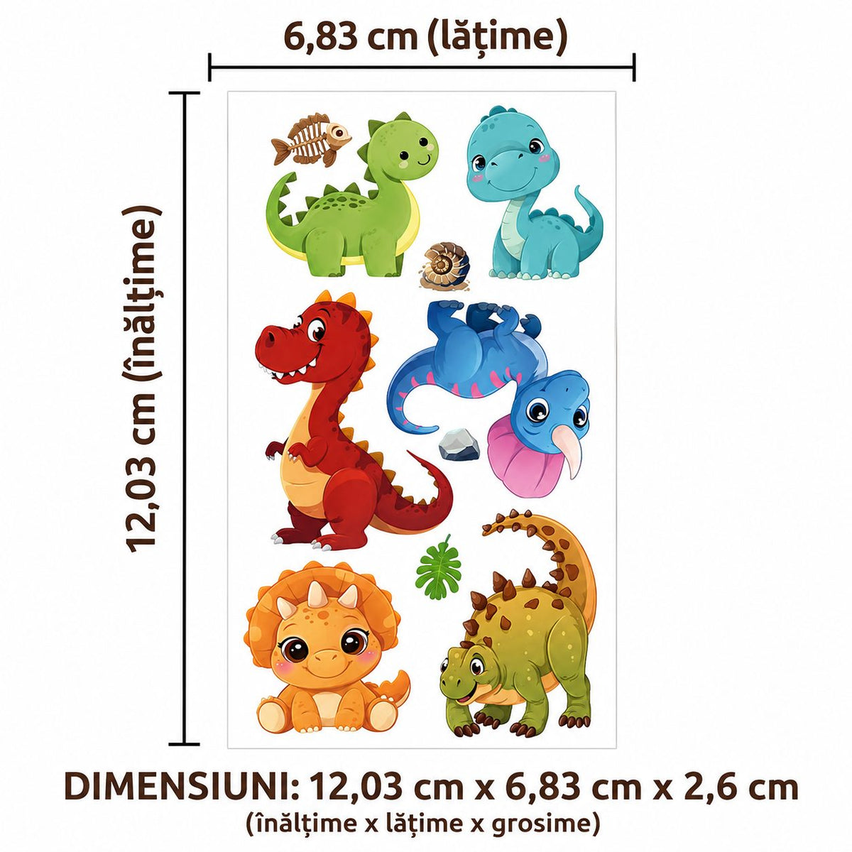 Tatuaje Temporare pentru Copii, Modele Dinozauri Cartoon Impermeabile, Hartie Non-Toxica, Foaie 12.03 x 6.83 cm, Multicolor