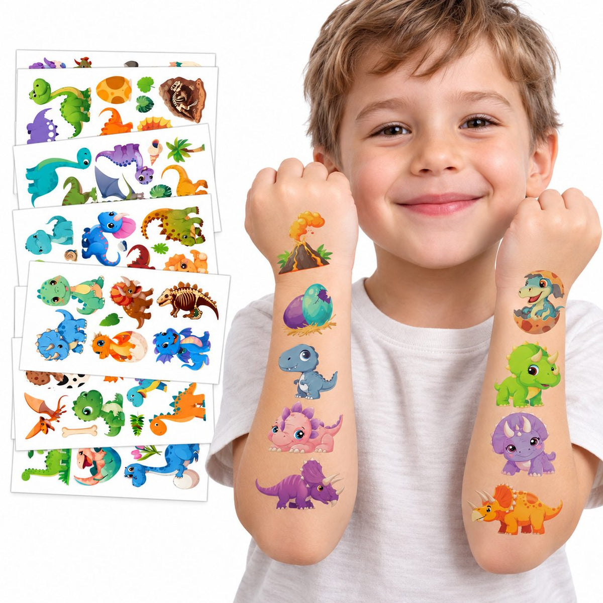 Tatuaje Temporare pentru Copii, Modele Dinozauri Cartoon Impermeabile, Hartie Non-Toxica, Foaie 12.03 x 6.83 cm, Multicolor