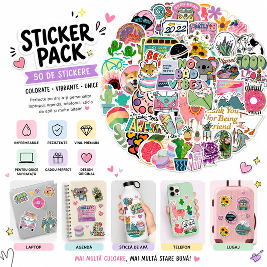 Set Stickere Decorative, Design Kawaii Si Mesaje Motivationale, PVC Autoadeziv, 50 Bucati, Multicolor