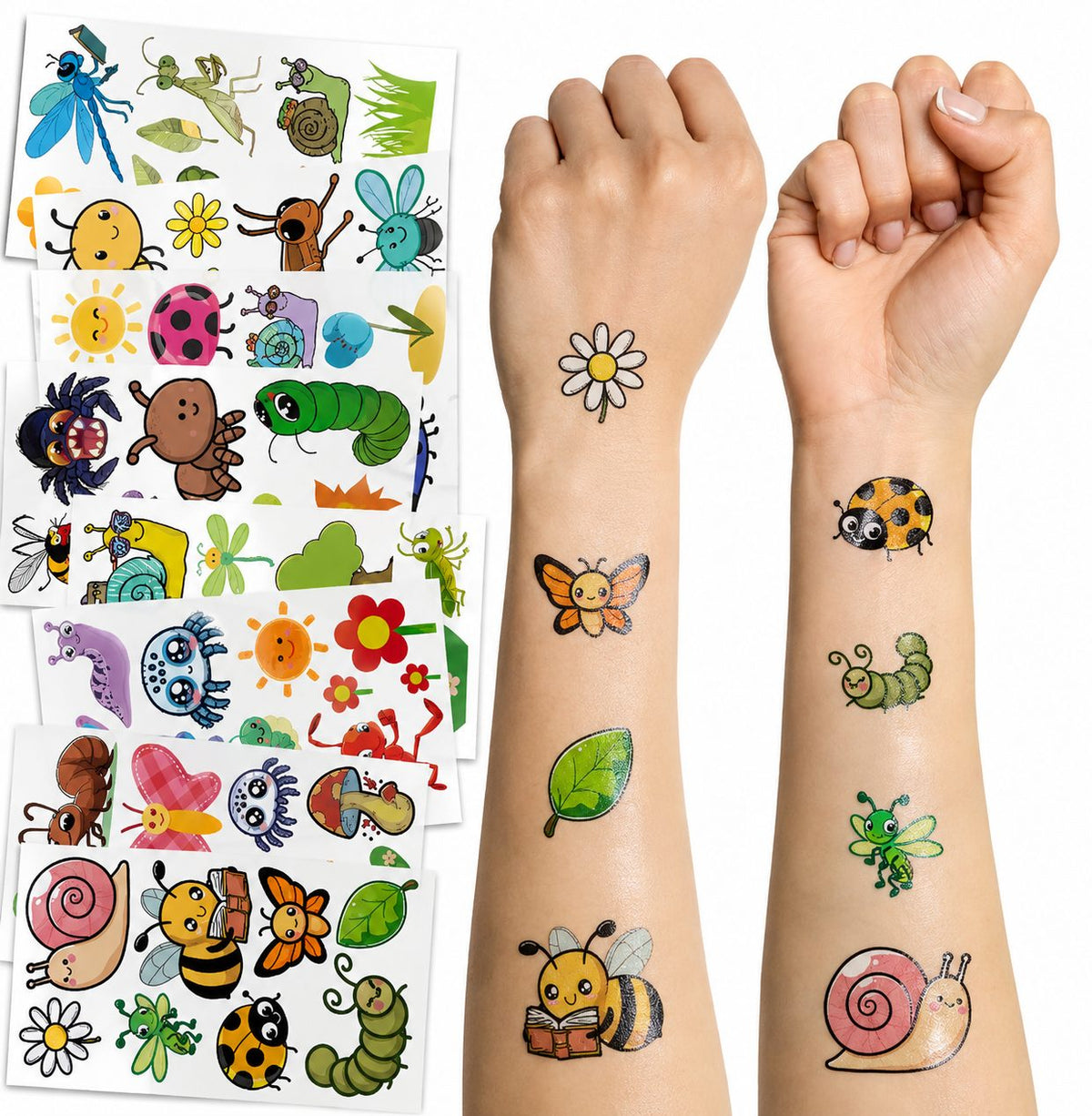 Set Tatuaje Temporare pentru Copii, Modele Cartoon Insecte si Natura, Rezistente la Apa, Hartie Speciala, 12 x 6.8 cm, Multicolor