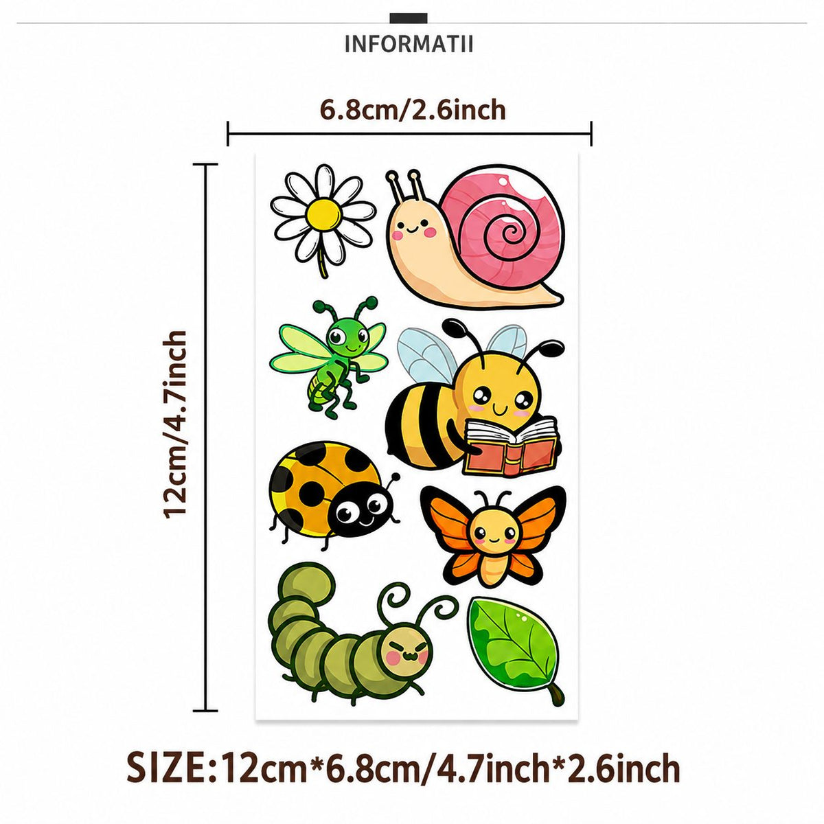 Set Tatuaje Temporare pentru Copii, Modele Cartoon Insecte si Natura, Rezistente la Apa, Hartie Speciala, 12 x 6.8 cm, Multicolor