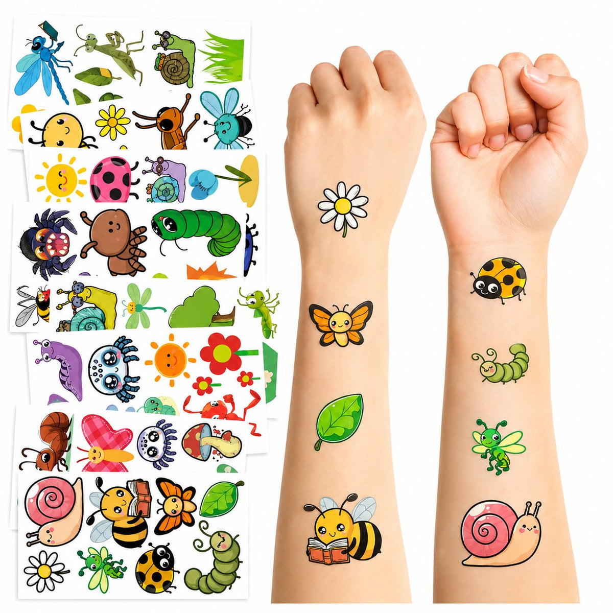 Set Tatuaje Temporare pentru Copii, Modele Cartoon Insecte si Natura, Rezistente la Apa, Hartie Speciala, 12 x 6.8 cm, Multicolor