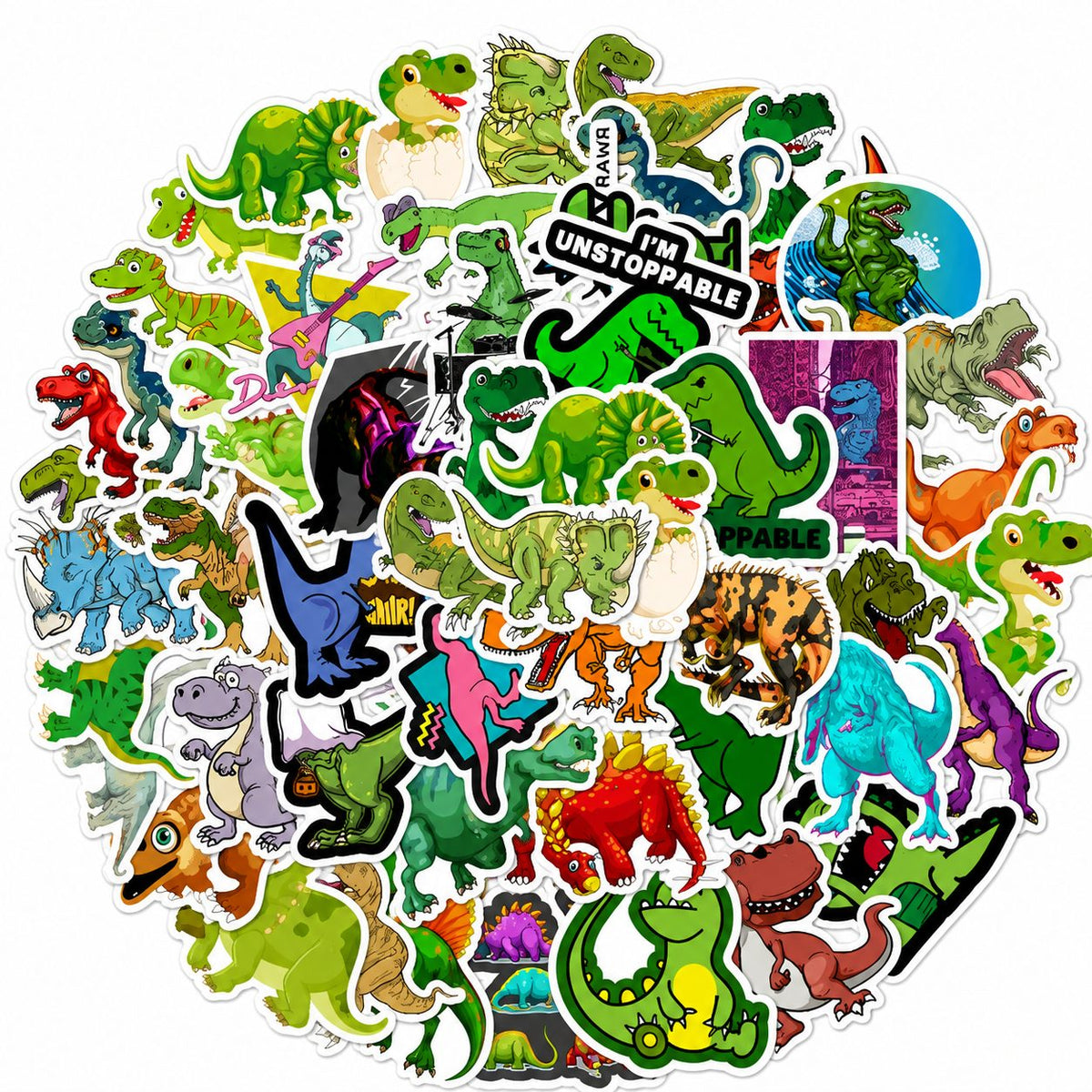 Stickere Decorative Dinozauri Cartoon, Impermeabile, PVC Autoadeziv, Rotunde, 50 Bucati, Multicolor, 5 x 6 cm