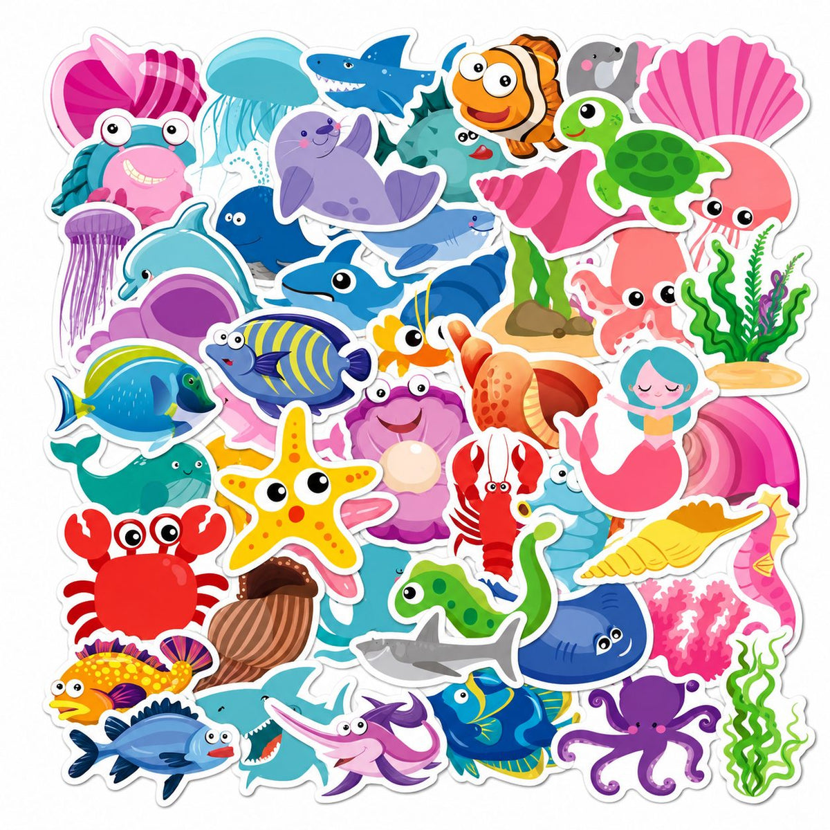 Stickere Decorative Lumea Marina, Animale Acvatice Kawaii, Folie Mata, Multicolor, Set 50 Bucati, 5-6 cm
