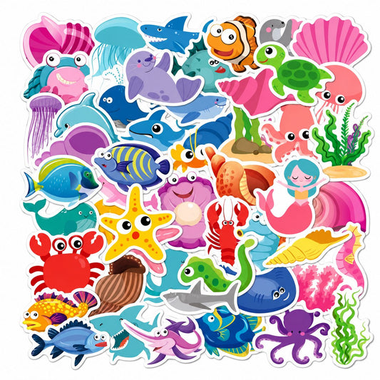 Stickere Decorative Lumea Marina, Animale Acvatice Kawaii, Folie Mata, Multicolor, Set 50 Bucati, 5-6 cm