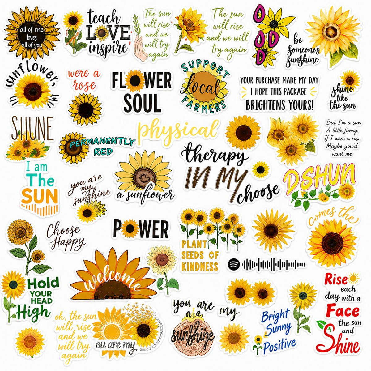 Set Stickere Decorative, Motive Floarea-Soarelui Si Mesaje Inspirationale, Vinil Impermeabil, Multicolor, 50 Bucati