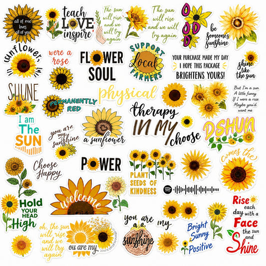 Set Stickere Decorative, Motive Floarea-Soarelui Si Mesaje Inspirationale, Vinil Impermeabil, Multicolor, 50 Bucati