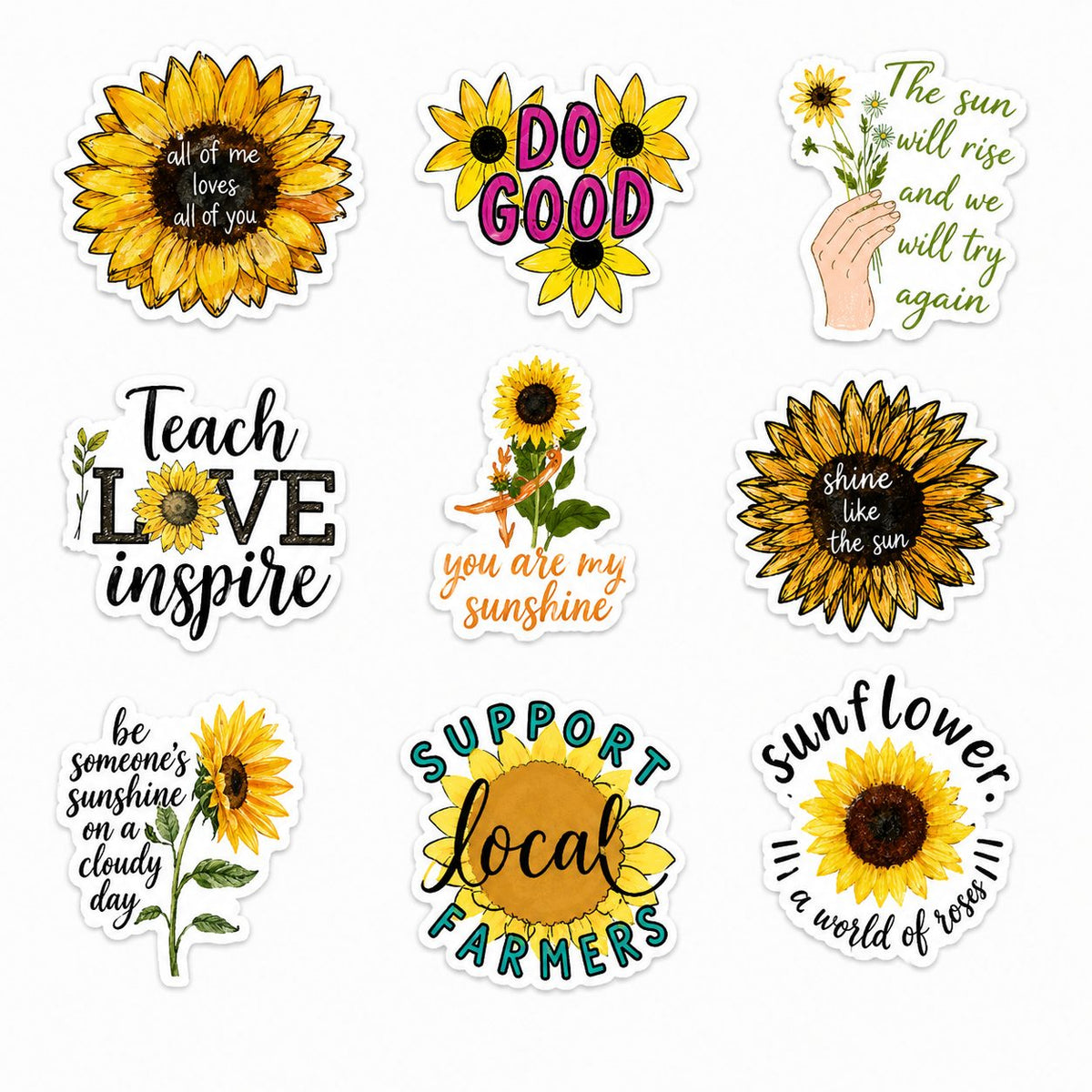Set Stickere Decorative, Motive Floarea-Soarelui Si Mesaje Inspirationale, Vinil Impermeabil, Multicolor, 50 Bucati