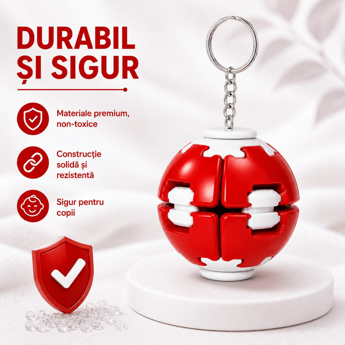 Minge Antistres Rotativa 3D, Sistem Push And Spin, Keychain Fidget Spinner, Plastic, 4.5x5 cm, Rosu