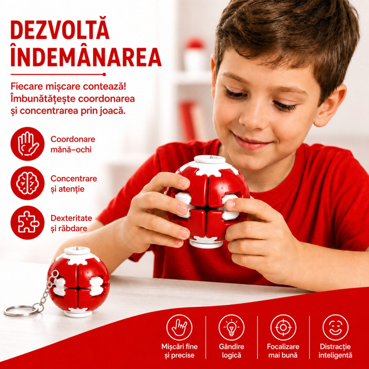 Minge Antistres Rotativa 3D, Sistem Push And Spin, Keychain Fidget Spinner, Plastic, 4.5x5 cm, Rosu