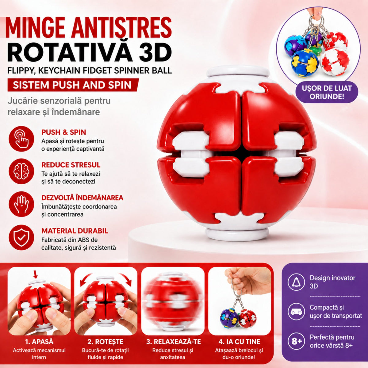 Minge Antistres Rotativa 3D, Sistem Push And Spin, Keychain Fidget Spinner, Plastic, 4.5x5 cm, Rosu
