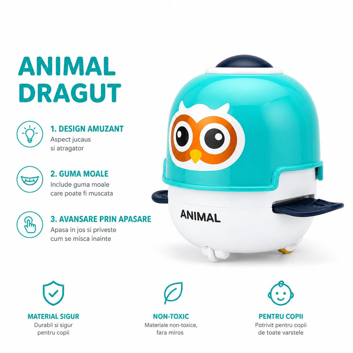 Jucarie Interactiva Robot Bufnita, Cu Sunete, Lumini Si Aripioare Mobile, Plastic ABS, Turcoaz, Pentru Copii 3 Ani+