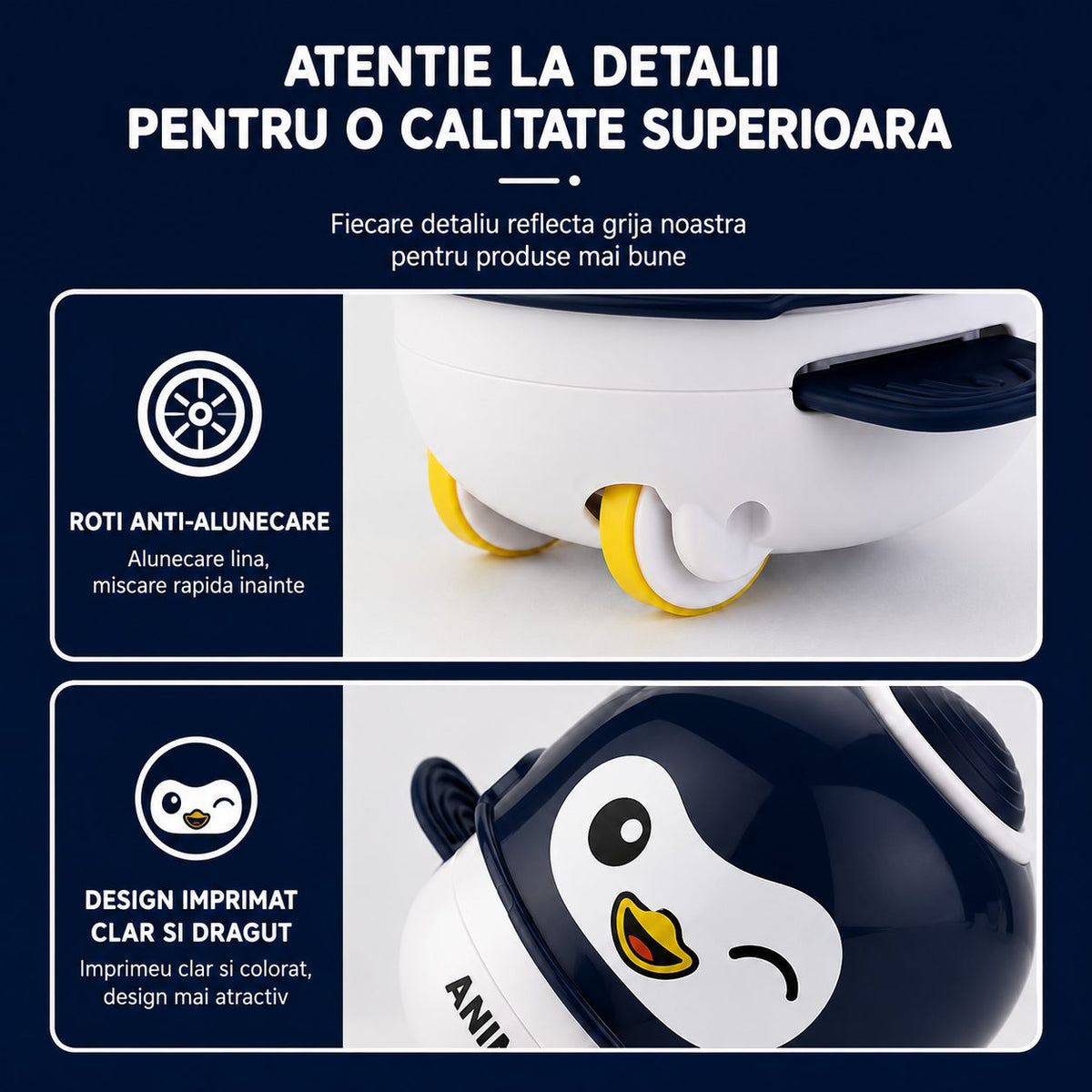 Jucarie Interactiva Robot Pinguin, cu Inertie, Sunete si Lumini, Plastic ABS, pentru Copii 1-3 Ani, Albastru