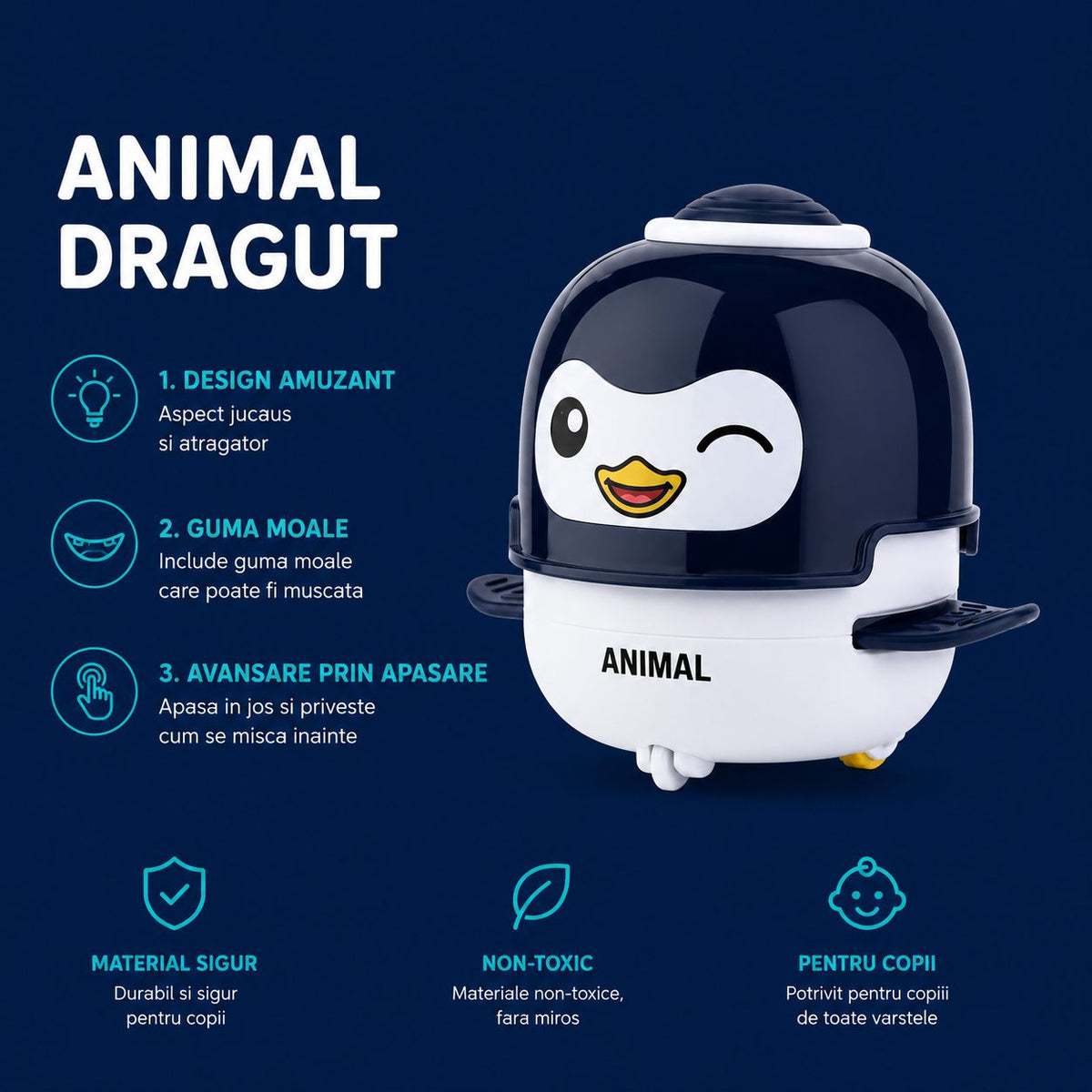 Jucarie Interactiva Robot Pinguin, cu Inertie, Sunete si Lumini, Plastic ABS, pentru Copii 1-3 Ani, Albastru