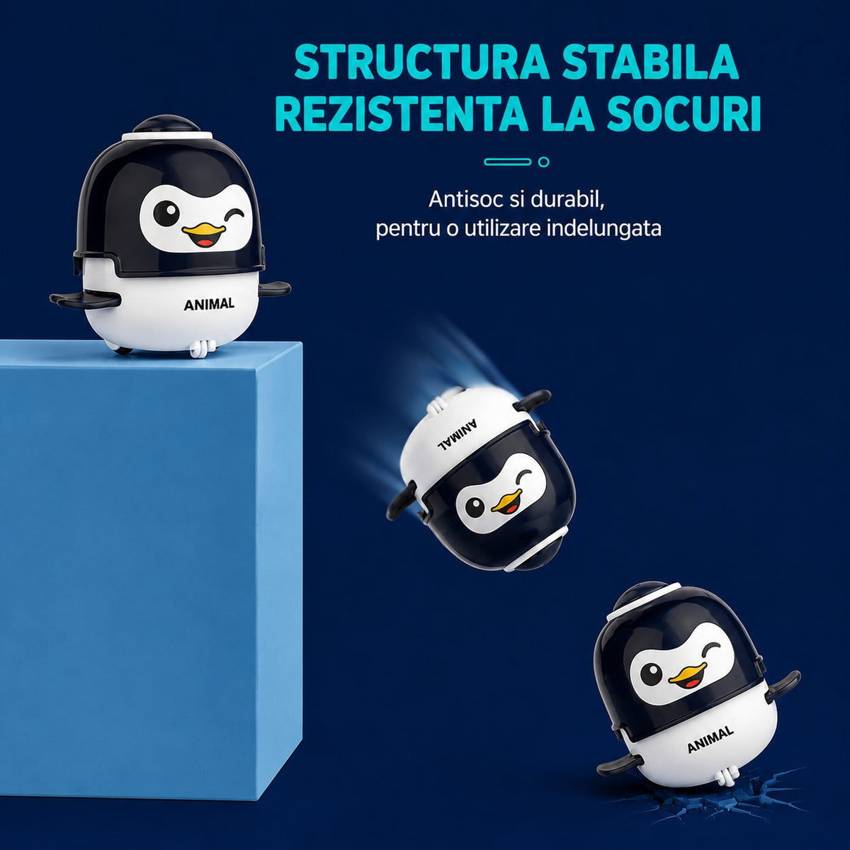 Jucarie Interactiva Robot Pinguin, cu Inertie, Sunete si Lumini, Plastic ABS, pentru Copii 1-3 Ani, Albastru