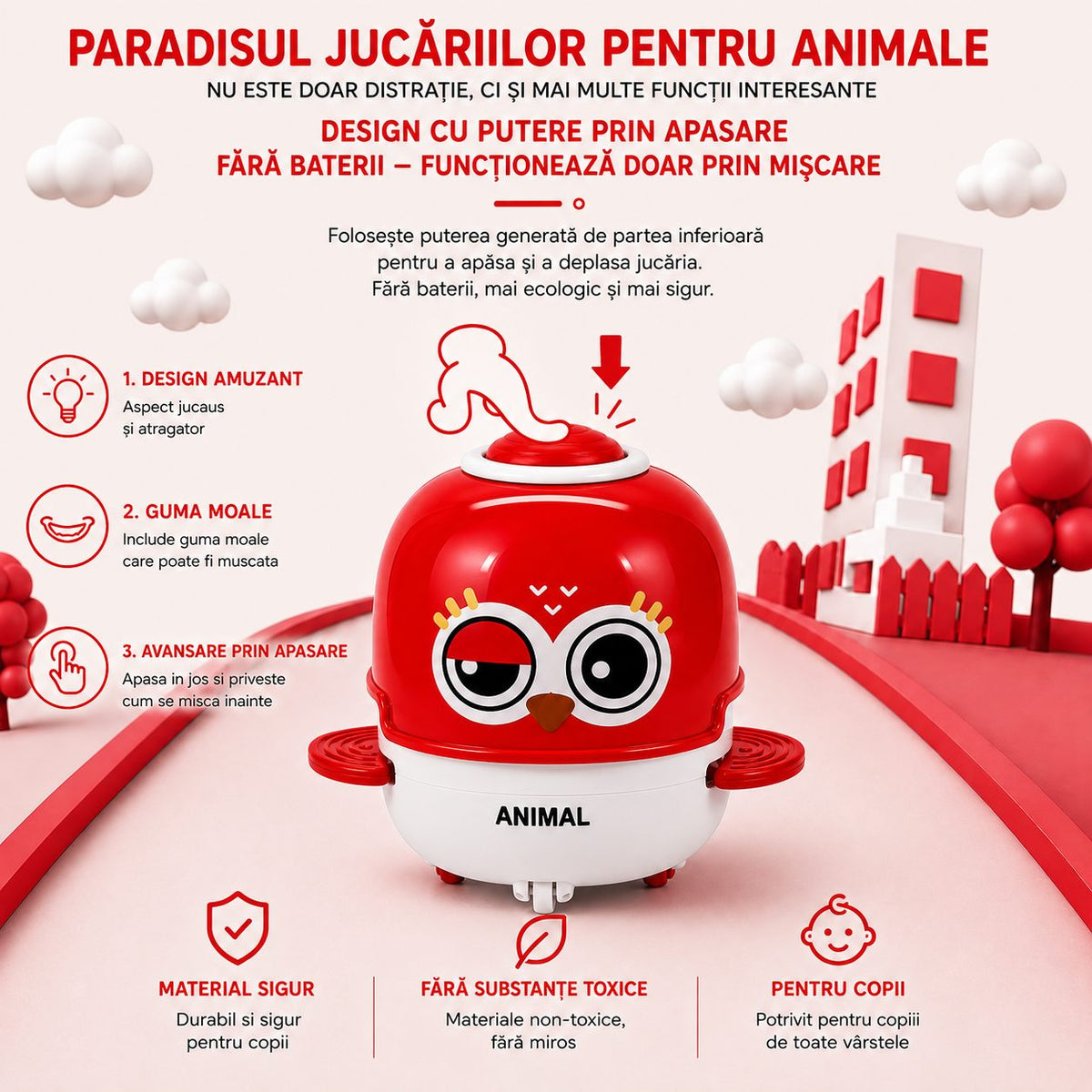 Jucarie Interactiva Bufnita, cu Inertie, Sunete Si Lumini, Plastic ABS, Rosu, pentru Copii 3 Ani+
