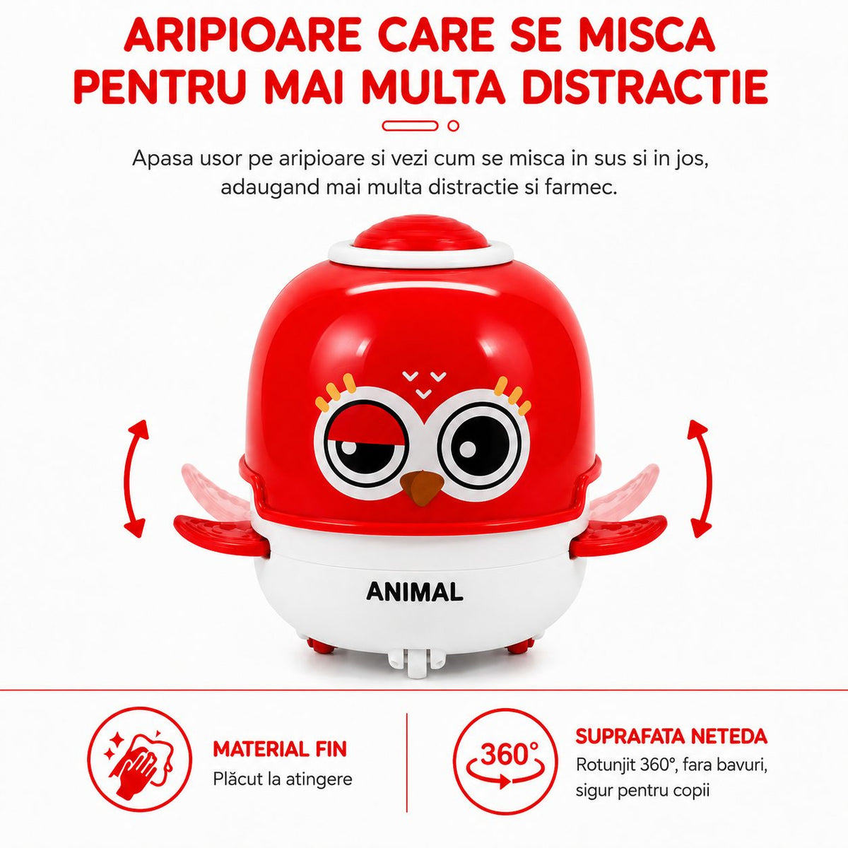 Jucarie Interactiva Bufnita, cu Inertie, Sunete Si Lumini, Plastic ABS, Rosu, pentru Copii 3 Ani+