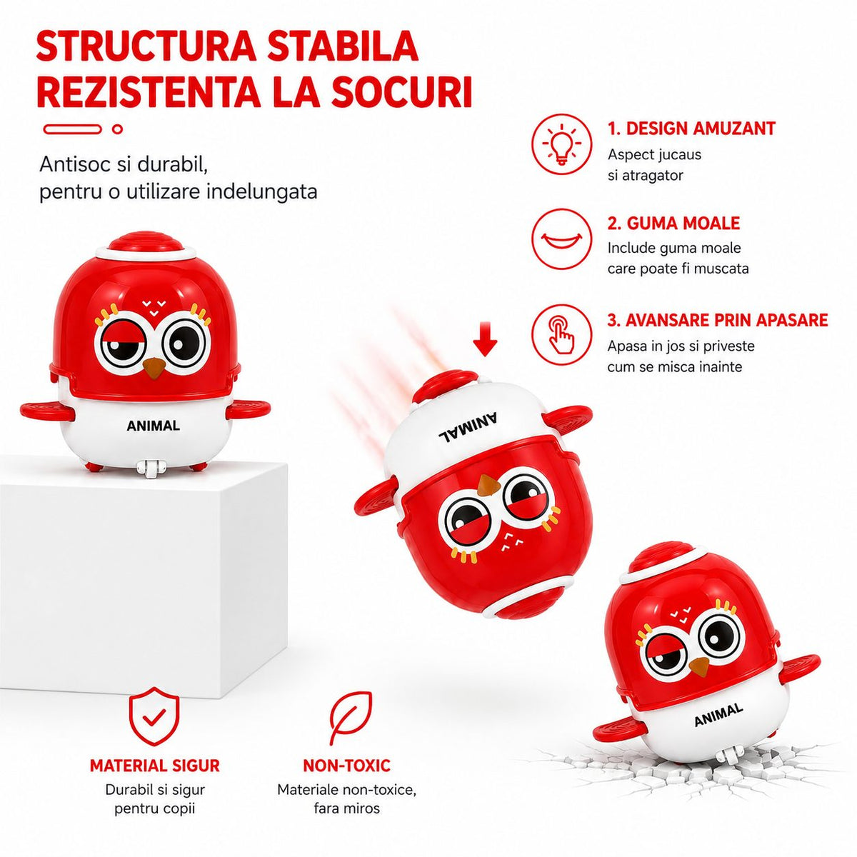 Jucarie Interactiva Bufnita, cu Inertie, Sunete Si Lumini, Plastic ABS, Rosu, pentru Copii 3 Ani+