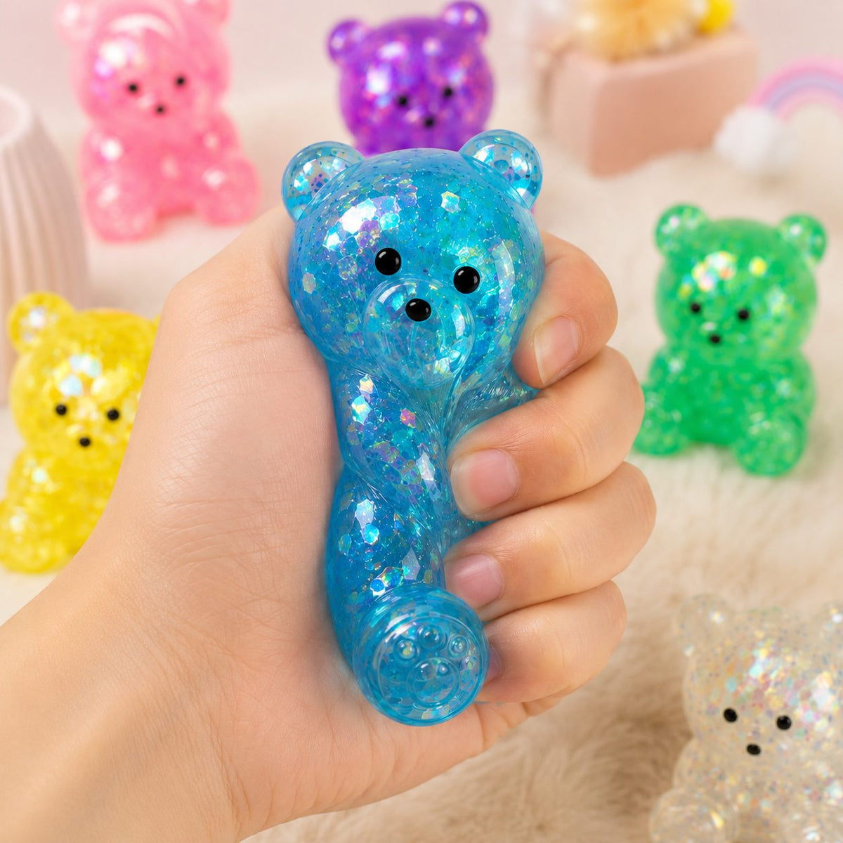 Jucarie Antistres Squishy, Model Ursulet Transparent cu Paiete, Termoplastic, Culoare Aleatorie