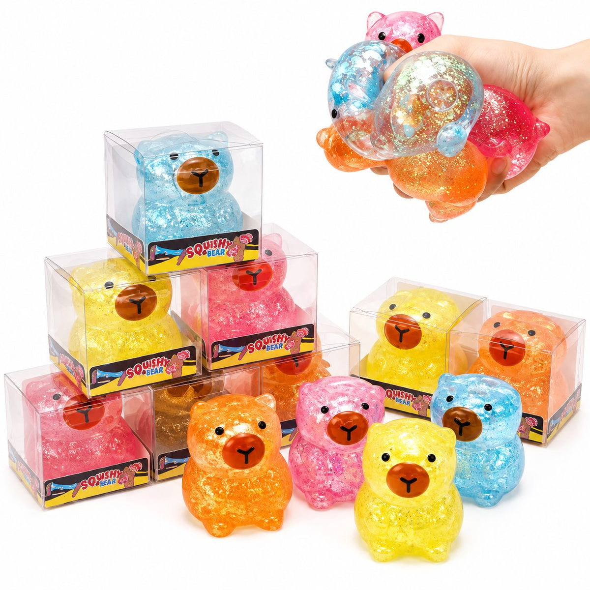 Jucarie Antistres Squishy, Model Urs cu Gel si Sclipici, Textura Moale Slow Rising, Gel Elastic, 3.5 x 3.6 x 4.5 cm, Multicolor