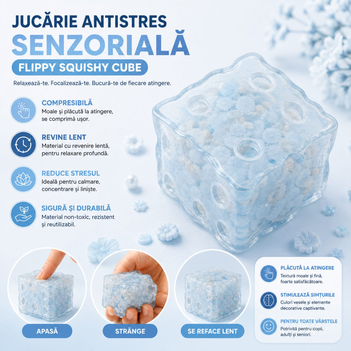 Jucarie Antistres Senzoriala, Cub Squishy cu Revenire Lenta, Model Floral Transparent, Termoplastic, 40 g, Multicolor