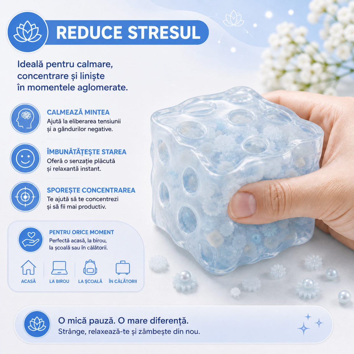 Jucarie Antistres Senzoriala, Cub Squishy cu Revenire Lenta, Model Floral Transparent, Termoplastic, 40 g, Multicolor