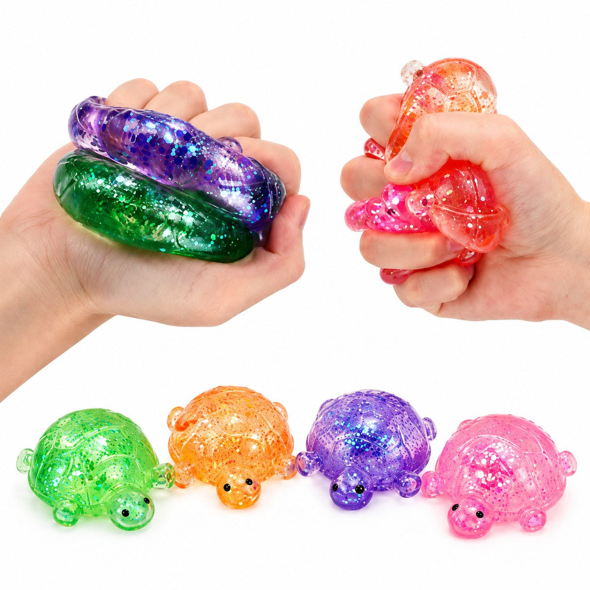 Sugar Squeezy Toy, Jucarie Antistres Squishy, Model Testoasa cu Sclipici, Cauciuc Siliconic, Set 12 Bucati, Multicolor, 7 x 5.2 cm