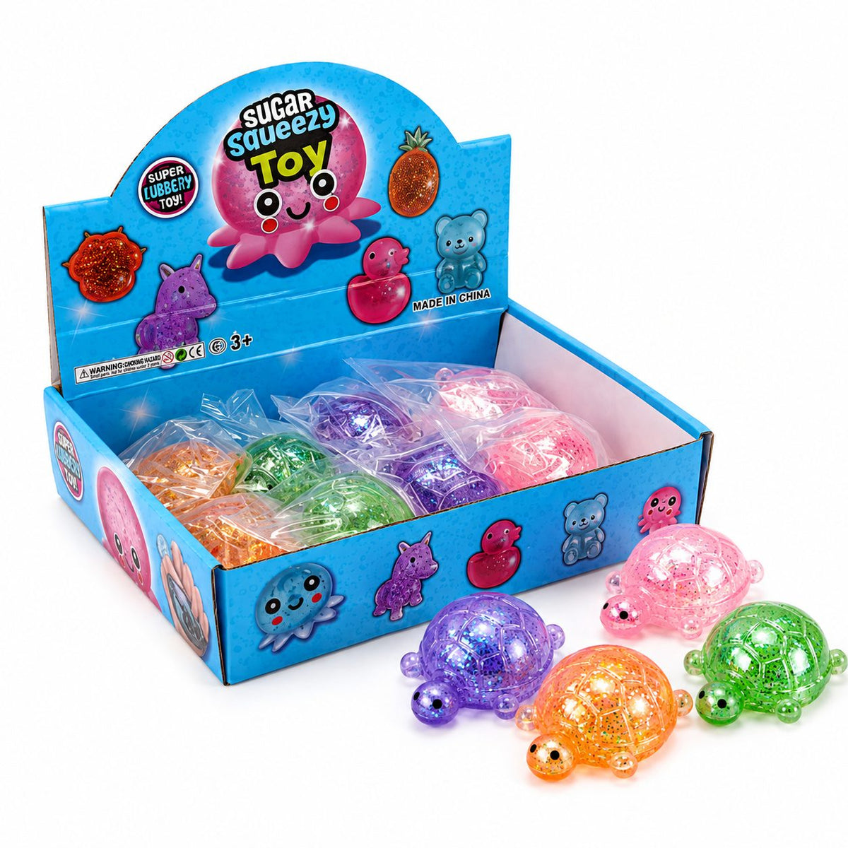 Sugar Squeezy Toy, Jucarie Antistres Squishy, Model Testoasa cu Sclipici, Cauciuc Siliconic, Set 12 Bucati, Multicolor, 7 x 5.2 cm
