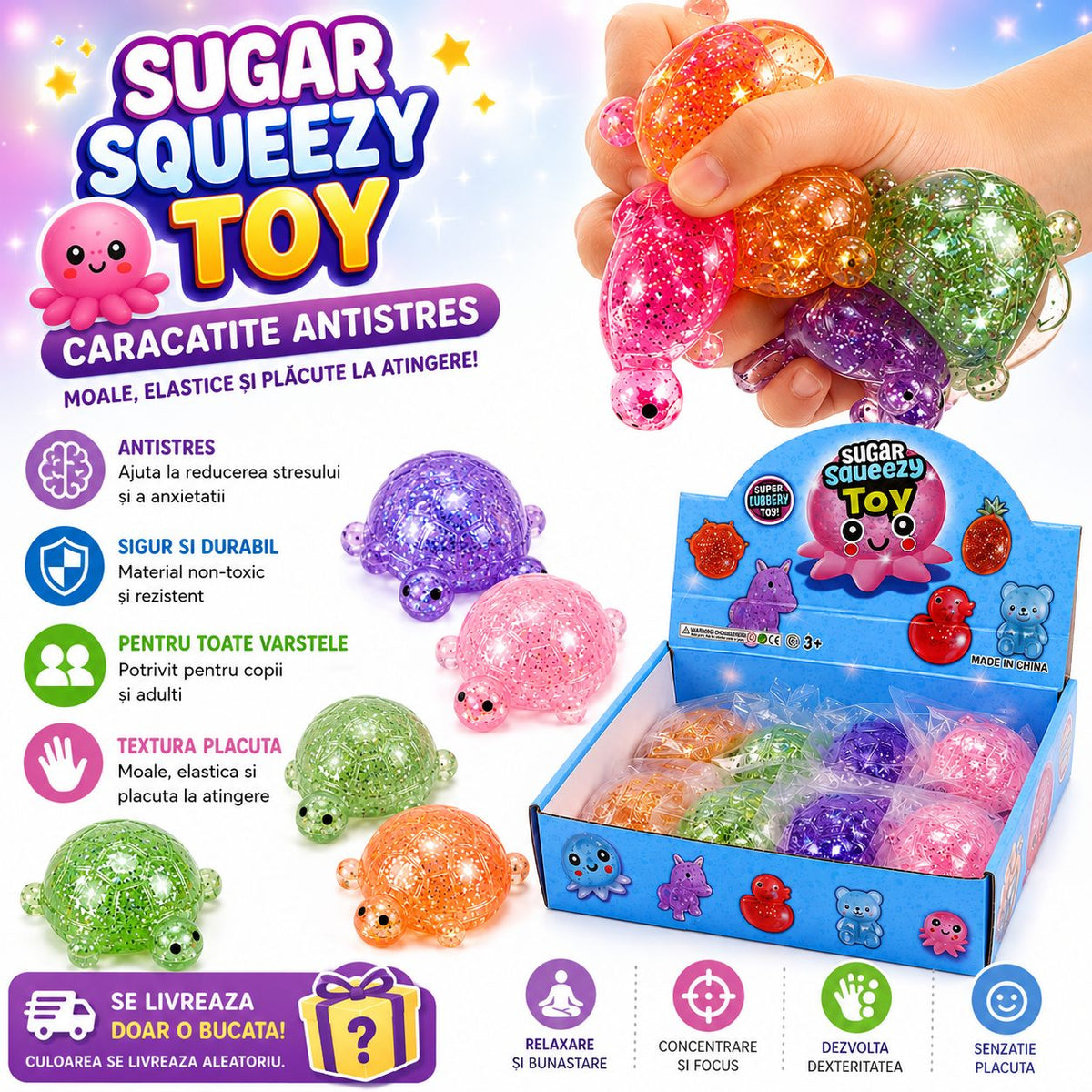 Sugar Squeezy Toy, Jucarie Antistres Squishy, Model Testoasa cu Sclipici, Cauciuc Siliconic, Set 12 Bucati, Multicolor, 7 x 5.2 cm