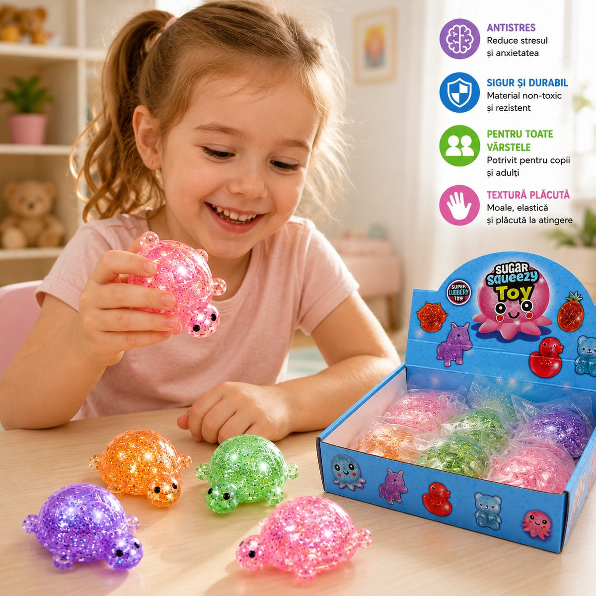 Sugar Squeezy Toy, Jucarie Antistres Squishy, Model Testoasa cu Sclipici, Cauciuc Siliconic, Set 12 Bucati, Multicolor, 7 x 5.2 cm