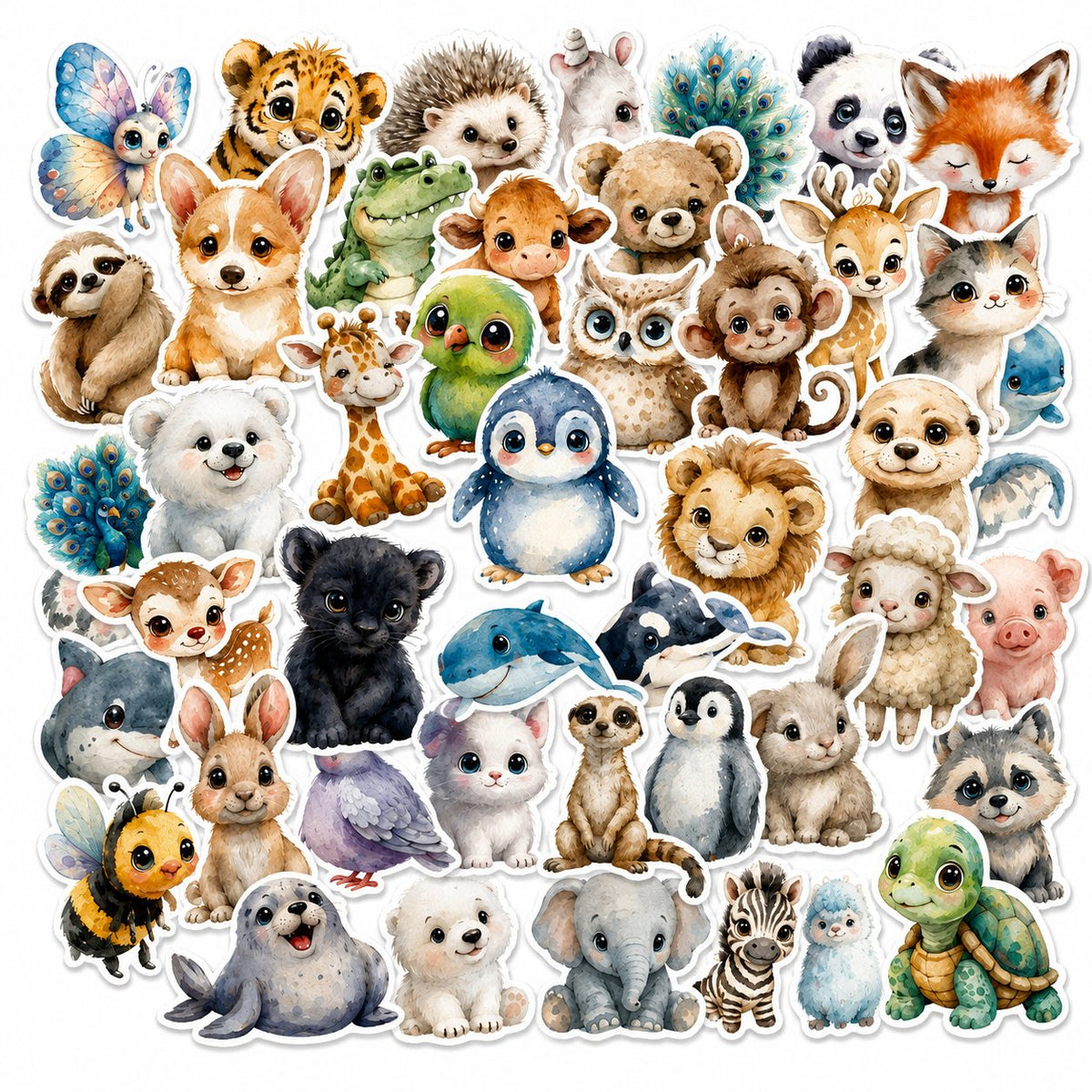 Stickere Decorative Animale, Stil Acuarela Kawaii, Hartie Autoadeziva, Set 50 Bucati, Multicolor, 5.27 x 5.43 cm