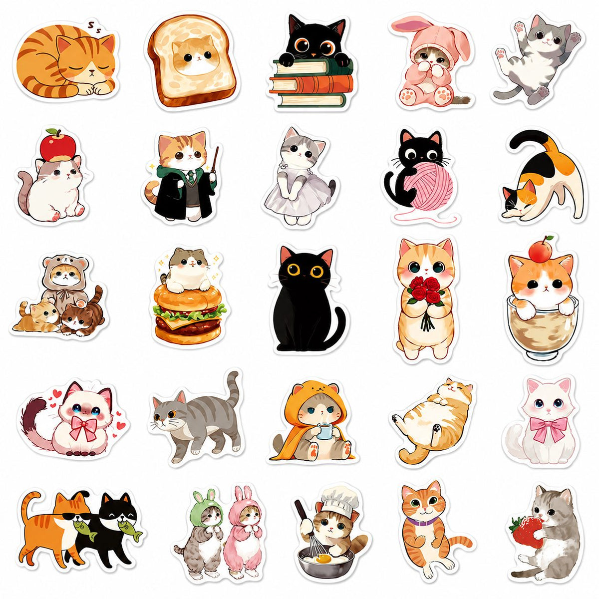 Stickere Decorative Pisici Kawaii, Impermeabile, Hartie Autoadeziva, Multicolor, Set 50 Bucati, 5.27 x 5.46 cm